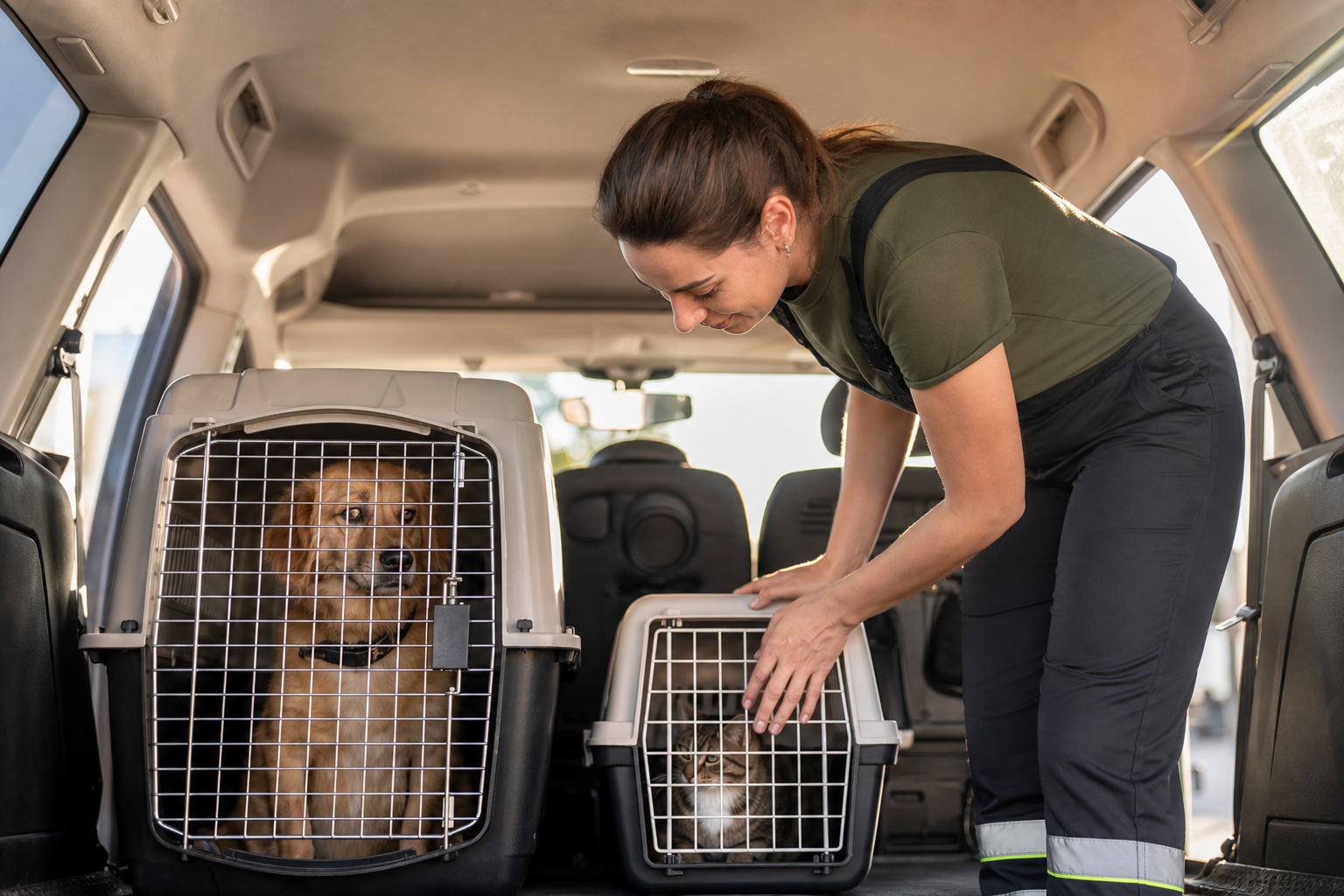 Cane e gatto trasportati in sicurezza in un veicolo attrezzato per animali