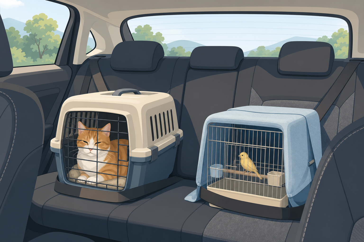 Illustrazione di un gatto e un uccello trasportati in sicurezza in auto nei rispettivi contenitori