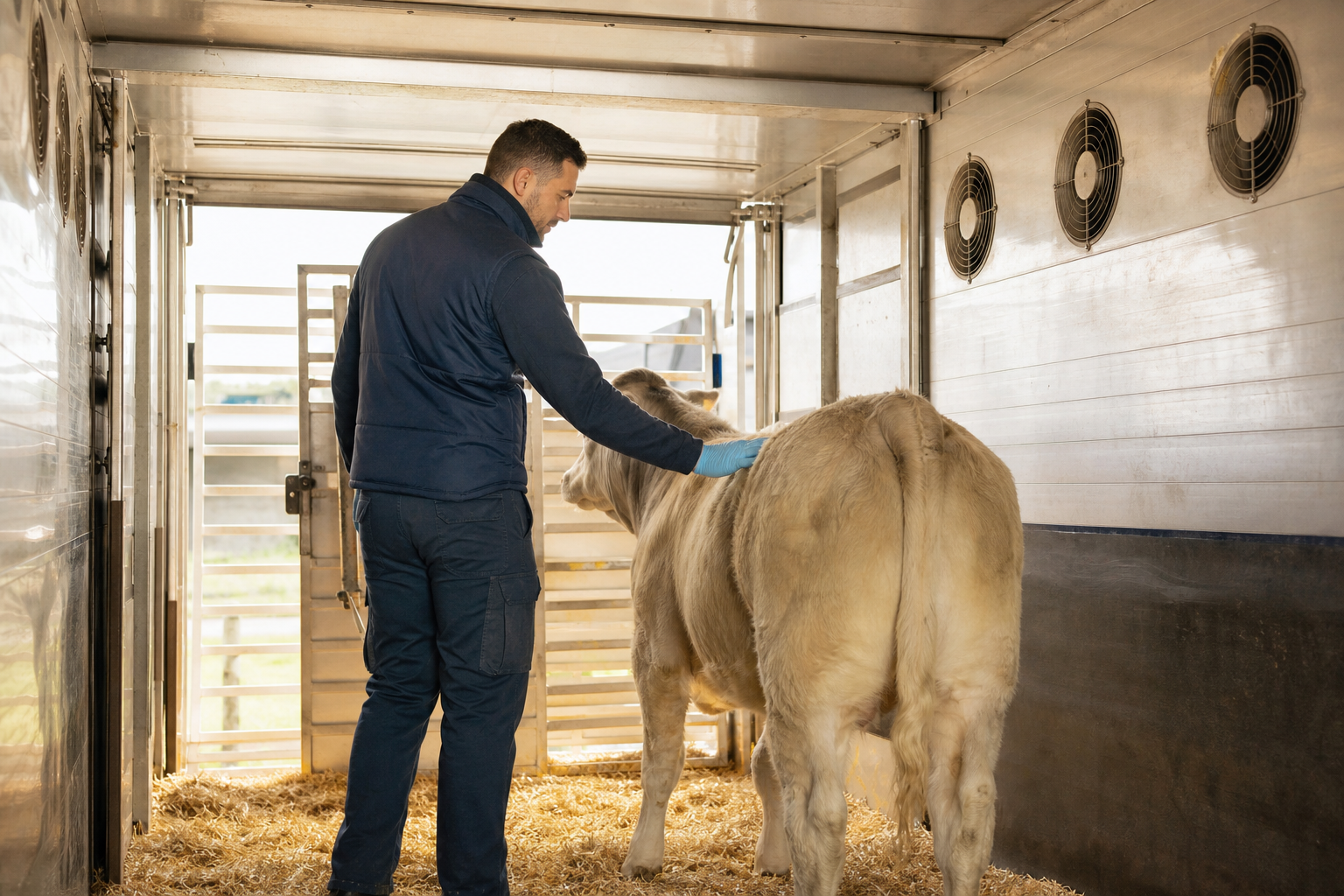 Trasportatore professionale che controlla un animale in un veicolo pulito e ventilato prima della partenza
