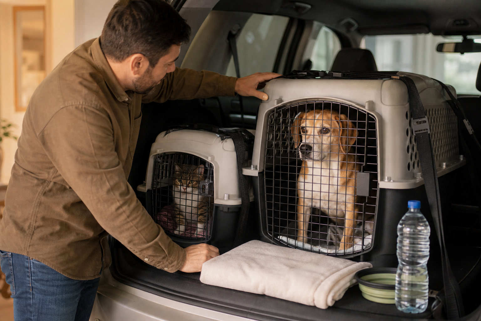Cane tranquillo e gatto sistemati in trasportini sicuri durante un viaggio in auto