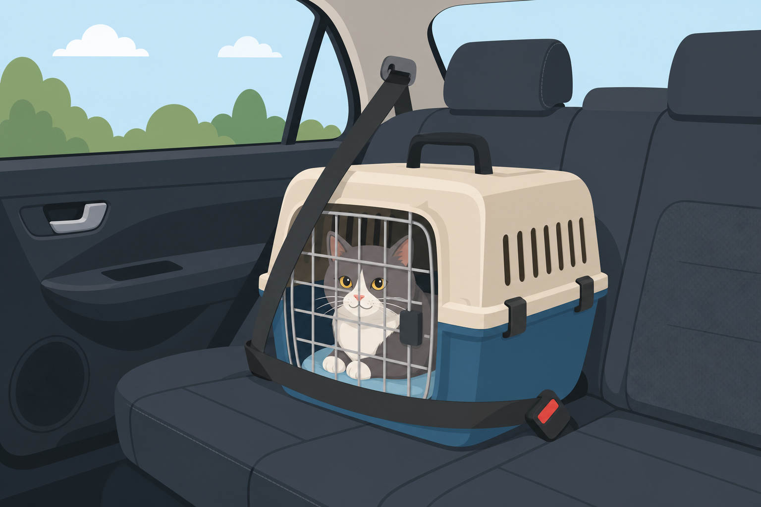 Gatto tranquillo in un trasportino rigido ben ventilato fissato sul sedile posteriore dell’auto