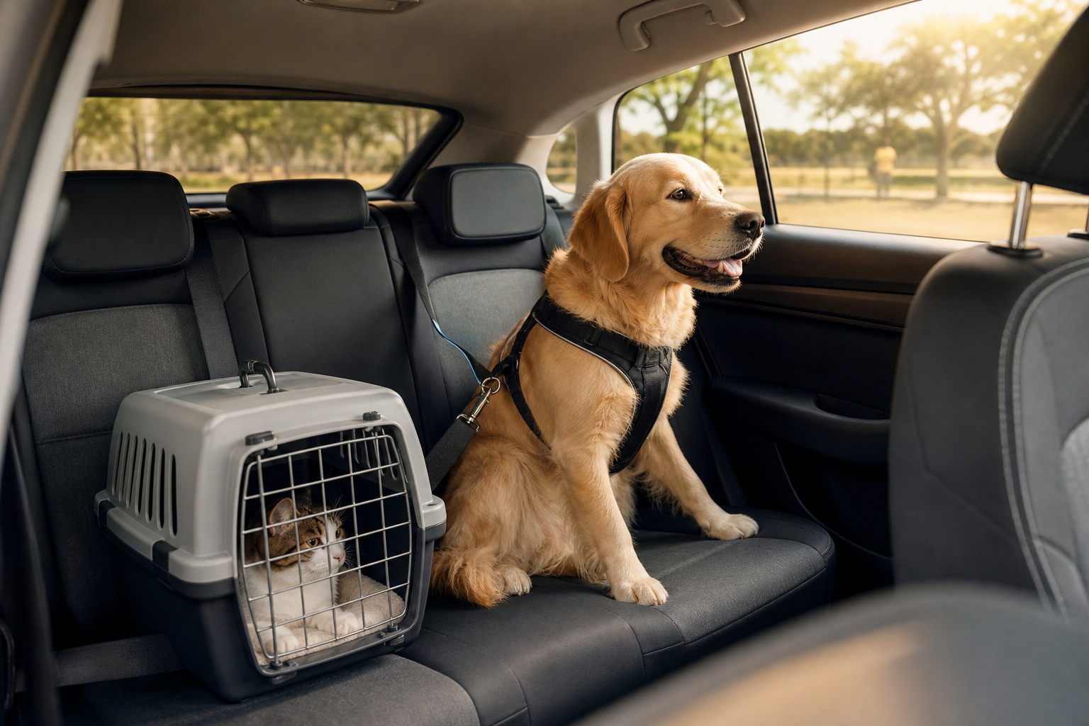 Cane e gatto trasportati in sicurezza durante un viaggio in auto