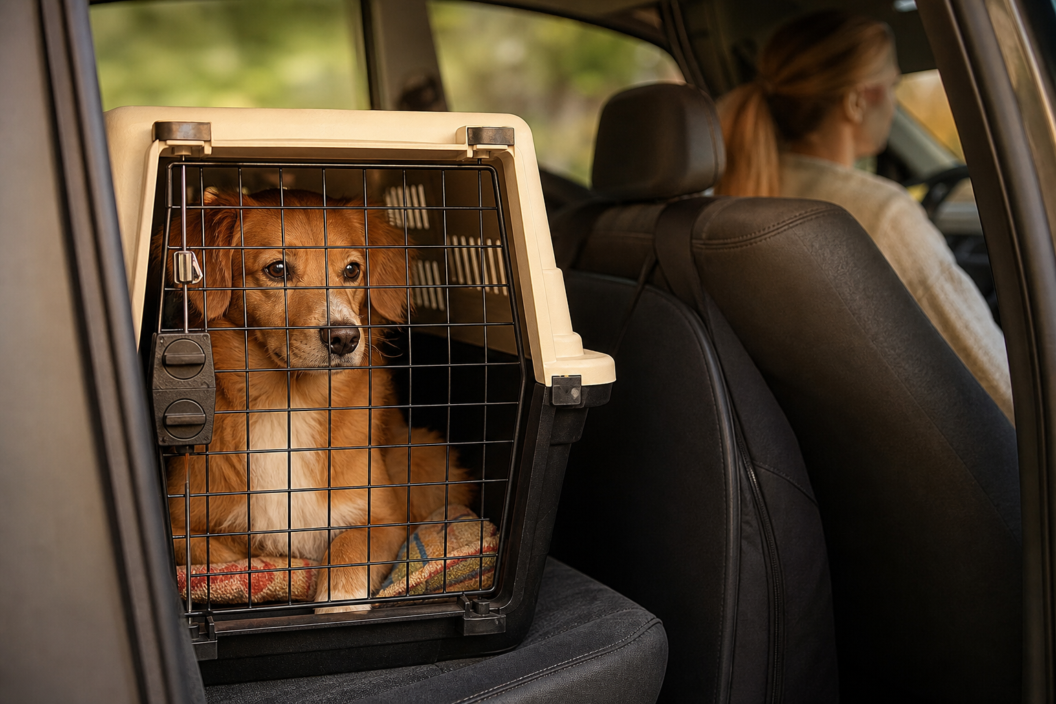 Cane tranquillo in un trasportino sicuro e ben ventilato durante un viaggio in auto